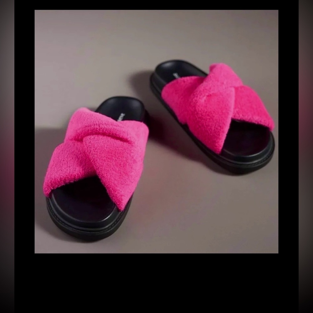 Anthropologie Maeve Terry Cloth Flat Slide On Sandals Open Toe Hot Pink Size 8